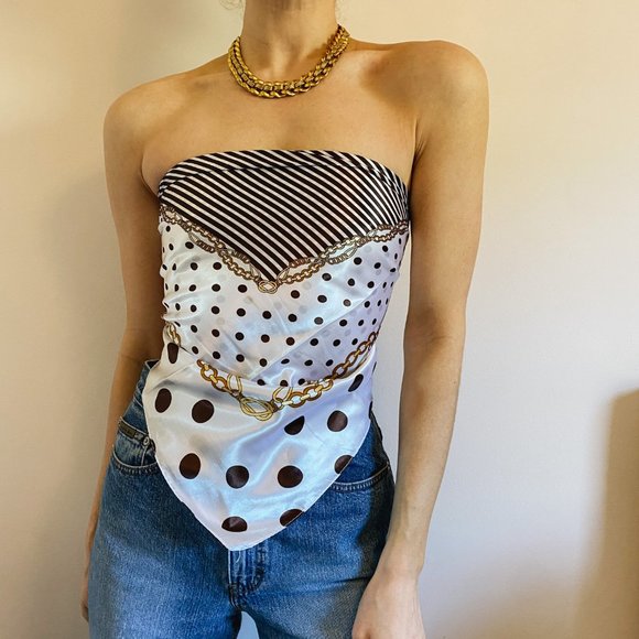 Satin Chocolate Polkadot Gold Chain Scarf Top - Picture 3 of 8